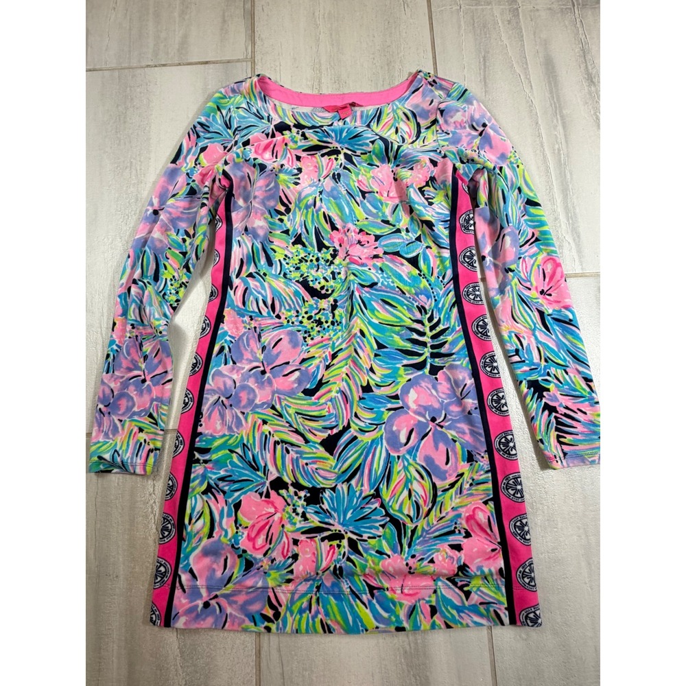 Lilly Pulitzer Pink Navy Beline Bermudaful Long Sleeve Velour Knit Shift Dress S